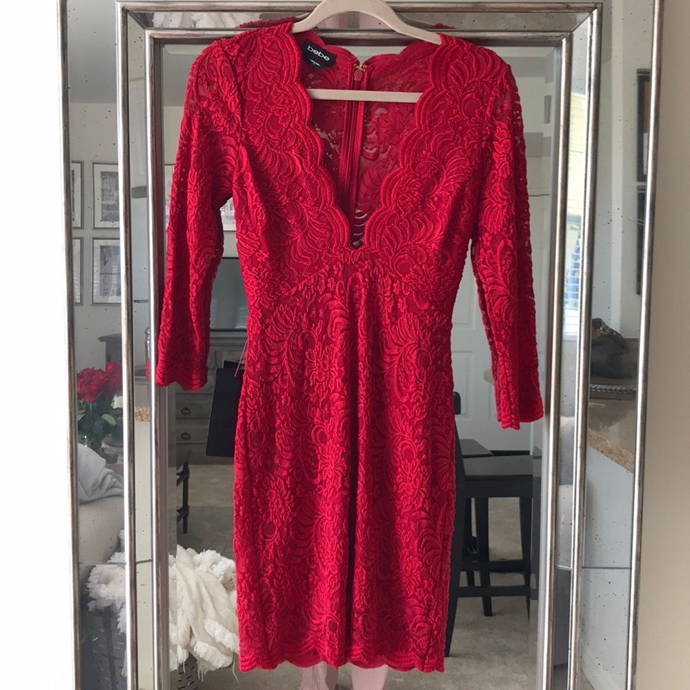 Red lace body con dress with sleeves from Bebe